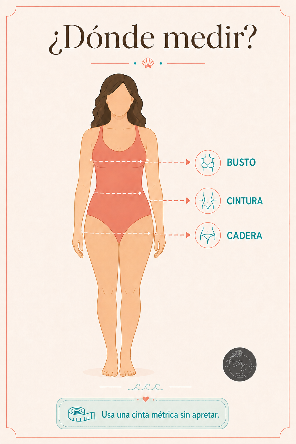 Guía visual de dónde medir el busto, la cintura y la cadera para elegir talla.